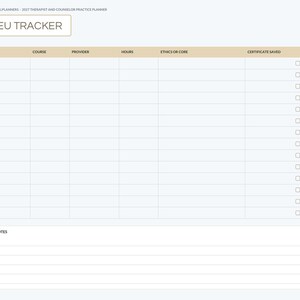 May include: A digital CEU tracker planner page for 2027 therapists and counselors. The layout features a table with columns for date, course, provider, hours, ethics or core, and certificate saved, plus a section for notes at the bottom.