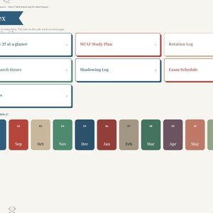 May include: A digital planner index page titled 2026-27 Med School and Pre-Med Planner. It features a sidebar with navigation tabs, a main section with rectangular buttons for study plans, logs, and notes, and a row of twelve colored month buttons.