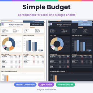 May include: A digital budget dashboard spreadsheet for Excel and Google Sheets titled Simple Budget. The display shows two versions, one with a light background and one with a dark background, featuring pie charts, bar graphs, and financial tables.