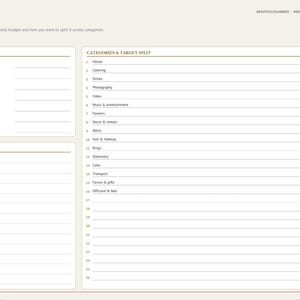 May include: A digital wedding planner page titled SETUP with sections for The Basics, Notes, and Categories & Target Split. The layout includes fields for partner names, date, budget, guest count, and a numbered list of sixteen wedding categories.