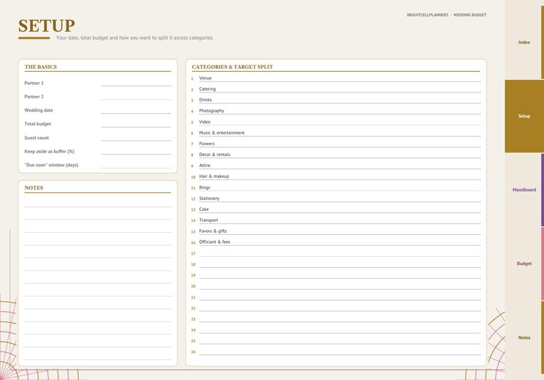 May include: A digital wedding planner page titled SETUP with sections for The Basics, Notes, and Categories & Target Split. The layout includes fields for partner names, date, budget, guest count, and a numbered list of sixteen wedding categories.
