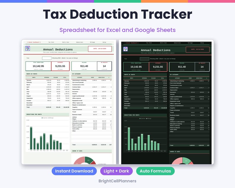 May include: A Tax Deduction Tracker spreadsheet for Excel and Google Sheets featuring light and dark mode versions. The interface displays annual deductions, monthly summaries, category breakdowns, bar charts, and pie charts for financial tracking.