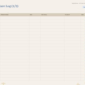 K&ouml;nnte beinhalten: Eine digitale Pastoral Care Log (1/2) Planerseite mit beigem Hintergrund und dunkelblauem Text. Die Tabelle enth&auml;lt Spalten f&uuml;r Date, Person or Family, Needs, Visit or Call, Follow-up und Done, mit Kontrollk&auml;stchen in der letzten Spalte.