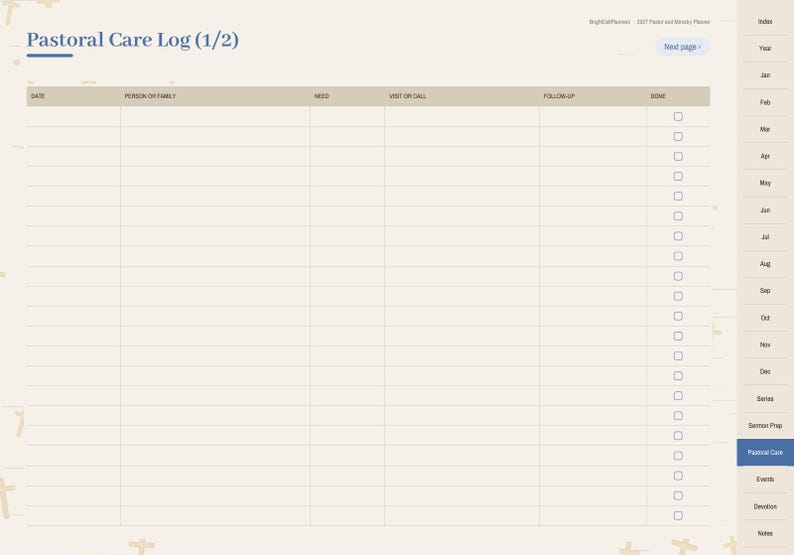 K&ouml;nnte beinhalten: Eine digitale Pastoral Care Log (1/2) Planerseite mit beigem Hintergrund und dunkelblauem Text. Die Tabelle enth&auml;lt Spalten f&uuml;r Date, Person or Family, Needs, Visit or Call, Follow-up und Done, mit Kontrollk&auml;stchen in der letzten Spalte.