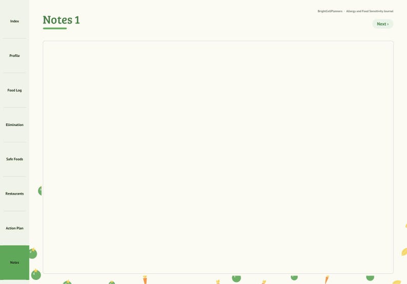 Puede incluir: Una p&aacute;gina de diario digital titulada Notes 1 con una barra lateral que contiene pesta&ntilde;as de navegaci&oacute;n para Index, Profile, Food Log, Elimination, Safe Foods, Restaurants, Action Plan y Notes. El fondo es blanquecino con peque&ntilde;os iconos de comida.