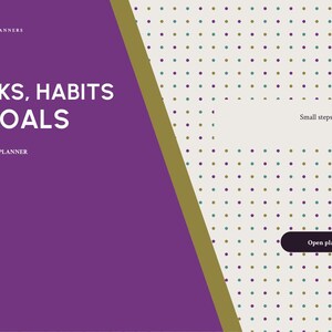 Puede incluir: Una portada de planificador digital con una secci&oacute;n morada a la izquierda con el texto BRIGHTCELLPLANNERS, TASKS, HABITS & GOALS y 2027 - DIGITAL PLANNER. La parte derecha es color crema con una cuadr&iacute;cula de puntos de colores, el texto Small steps, counted kindly y un bot&oacute;n Open planner.
