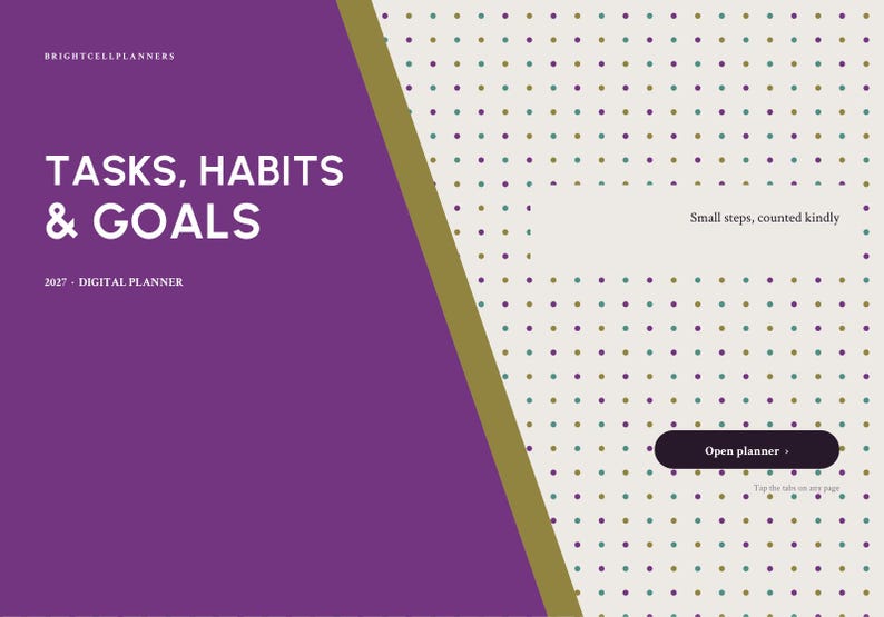 Puede incluir: Una portada de planificador digital con una secci&oacute;n morada a la izquierda con el texto BRIGHTCELLPLANNERS, TASKS, HABITS & GOALS y 2027 - DIGITAL PLANNER. La parte derecha es color crema con una cuadr&iacute;cula de puntos de colores, el texto Small steps, counted kindly y un bot&oacute;n Open planner.
