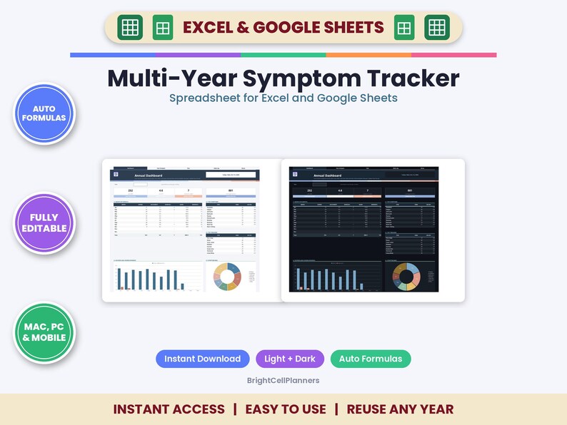 May include: A digital multi-year symptom tracker spreadsheet for Excel and Google Sheets. The interface features light and dark mode dashboards with auto formulas, data tables, bar charts, and pie charts. Text includes "Multi-Year Symptom Tracker", "Excel & Google Sheets", "Auto Formulas", "Fully Editable", "Mac, PC & Mobile", "Instant Download", "Light + Dark", and "BrightCellPlanners".
