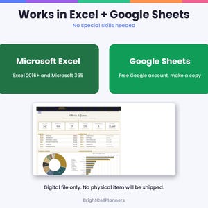 May include: A digital spreadsheet template featuring the text Works in Excel + Google Sheets, No special skills needed. Includes two green boxes for Microsoft Excel and Google Sheets, and a preview of a budget tracker for Olivia & James.