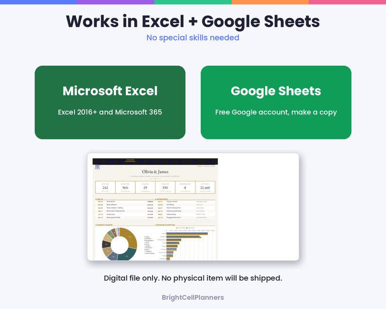 May include: A digital spreadsheet template featuring the text Works in Excel + Google Sheets, No special skills needed. Includes two green boxes for Microsoft Excel and Google Sheets, and a preview of a budget tracker for Olivia & James.
