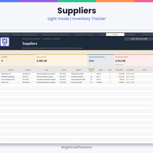 May include: A digital inventory tracker dashboard titled Suppliers, featuring a table with columns for supplier name, contact, email, phone, website, lead time, terms, items, total spent, last order, and notes, with summary metrics at the top.