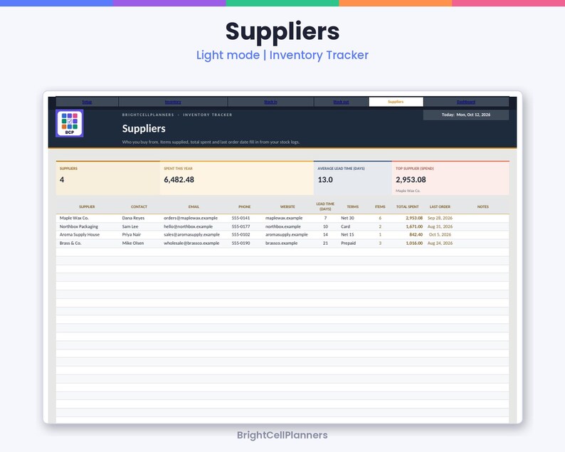 May include: A digital inventory tracker dashboard titled Suppliers, featuring a table with columns for supplier name, contact, email, phone, website, lead time, terms, items, total spent, last order, and notes, with summary metrics at the top.