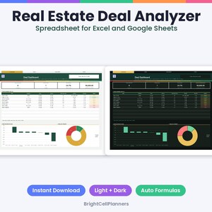 May include: A Real Estate Deal Analyzer spreadsheet for Excel and Google Sheets featuring light and dark mode dashboards. The interface displays financial data tables, key performance metrics, and a donut chart. Text includes Real Estate Deal Analyzer, Spreadsheet for Excel and Google Sheets, Instant Download, Light + Dark, Auto Formulas, and BrightCellPlanners.