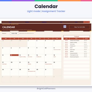 May include: A digital calendar assignment tracker in light mode with a dark brown header and cream background. The interface displays a monthly grid for October 2026, a sidebar for upcoming tasks, and the text Calendar, Light mode, Assignment Tracker.