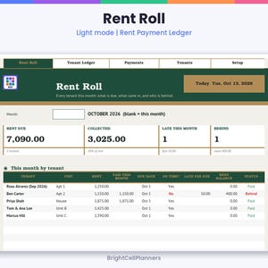 Puede incluir: Una interfaz de hoja de c&aacute;lculo digital Rent Roll en modo claro. El panel muestra res&uacute;menes financieros, incluyendo alquileres adeudados, cobrados y atrasados para octubre de 2026. Una tabla enumera inquilinos, unidades, montos y estados.