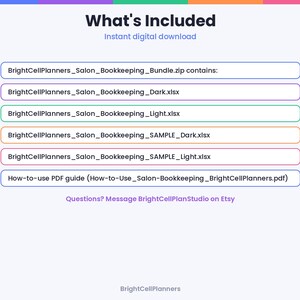 K&ouml;nnte beinhalten: Eine digitale Dateiliste mit dem Titel What's Included, die BrightCellPlanners_Salon_Bookkeeping_Bundle.zip, BrightCellPlanners_Salon_Bookkeeping_Dark.xlsx, BrightCellPlanners_Salon_Bookkeeping_Light.xlsx und ein How-to-use PDF-Handbuch enth&auml;lt.