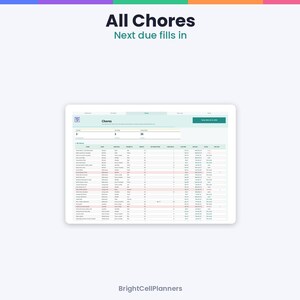 Puede incluir: Una interfaz digital de seguimiento de tareas en la pantalla de una tableta. El encabezado dice All Chores y Next due fills in. La tabla incluye columnas para nombre de tarea, &aacute;rea, frecuencia, estado y fechas. Aparece la marca BrightCellPlanners.