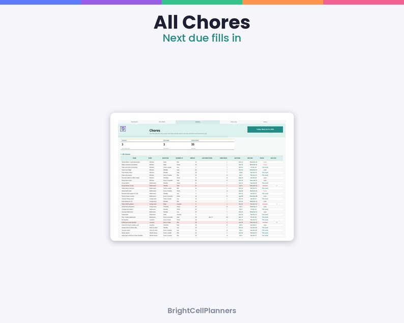 Puede incluir: Una interfaz digital de seguimiento de tareas en la pantalla de una tableta. El encabezado dice All Chores y Next due fills in. La tabla incluye columnas para nombre de tarea, &aacute;rea, frecuencia, estado y fechas. Aparece la marca BrightCellPlanners.