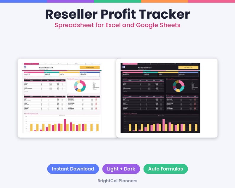 May include: A digital Reseller Profit Tracker spreadsheet for Excel and Google Sheets featuring light and dark mode dashboards with tables, pie charts, and bar graphs. The text includes Reseller Profit Tracker, Spreadsheet for Excel and Google Sheets, Instant Download, Light + Dark, Auto Formulas, and BrightCellPlanners.