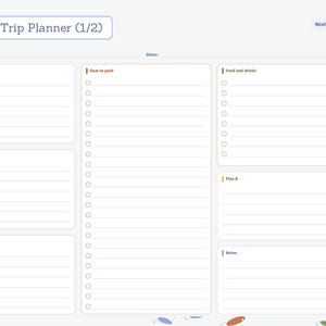 K&ouml;nnte beinhalten: Eine digitale Angelreise-Planer-Seite mit Abschnitten f&uuml;r Reisedetails, Ausr&uuml;stung, Verpflegung, Lizenzen und Notizen. Das Layout enth&auml;lt Kontrollk&auml;stchen und Schreibzeilen sowie eine seitliche Navigationsleiste mit den Beschriftungen Index, Catches, Spots, Tackle, Tides, Trips und Notes.