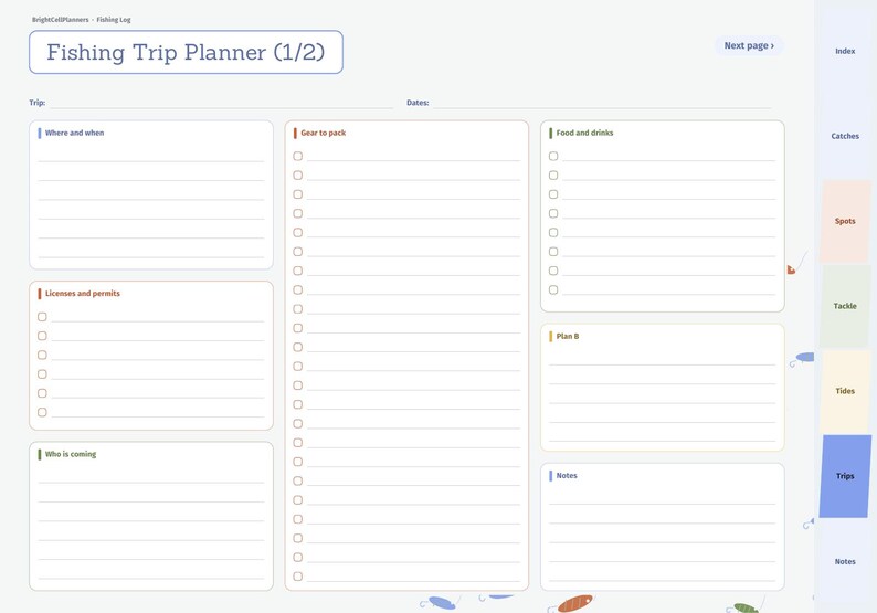 K&ouml;nnte beinhalten: Eine digitale Angelreise-Planer-Seite mit Abschnitten f&uuml;r Reisedetails, Ausr&uuml;stung, Verpflegung, Lizenzen und Notizen. Das Layout enth&auml;lt Kontrollk&auml;stchen und Schreibzeilen sowie eine seitliche Navigationsleiste mit den Beschriftungen Index, Catches, Spots, Tackle, Tides, Trips und Notes.