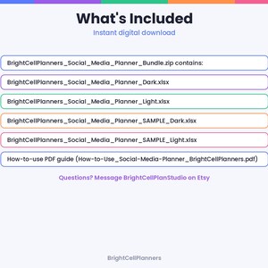 May include: A digital file list titled What's Included containing BrightCellPlanners_Social_Media_Planner_Bundle.zip, BrightCellPlanners_Social_Media_Planner_Dark.xlsx, BrightCellPlanners_Social_Media_Planner_Light.xlsx, and PDF guide.