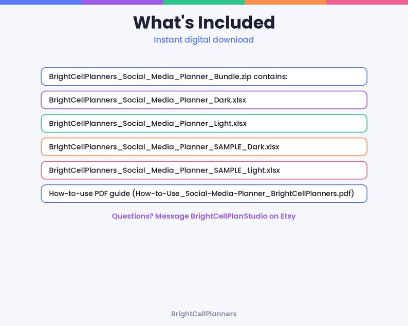 May include: A digital file list titled What's Included containing BrightCellPlanners_Social_Media_Planner_Bundle.zip, BrightCellPlanners_Social_Media_Planner_Dark.xlsx, BrightCellPlanners_Social_Media_Planner_Light.xlsx, and PDF guide.