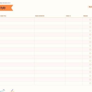 May include: A digital reading log planner page titled Reading Log (1/2) with columns for date, book title, pages or minutes, stars 1-5, and finished checkboxes. The layout includes a side navigation bar with tabs for index, about me, prompts, feelings, drawing, stars, reading, and notes.