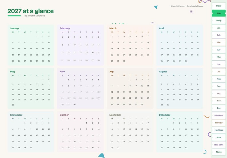 Puede incluir: Una interfaz de planificador de calendario digital 2027 titulada 2027 at a glance. Presenta doce cuadr&iacute;culas mensuales en colores pastel, organizadas en una disposici&oacute;n de cuatro por tres. Una barra lateral de navegaci&oacute;n vertical a la derecha enumera pesta&ntilde;as que incluyen Index, Year, Setup y Scheduler.