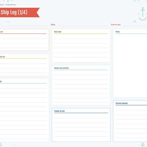 May include: A Daily Ship Log cruise planner page featuring a red header, a light blue background with a repeating anchor pattern, and sections for day, date, port, weather, activities, meals, photos, and notes with labeled lines.