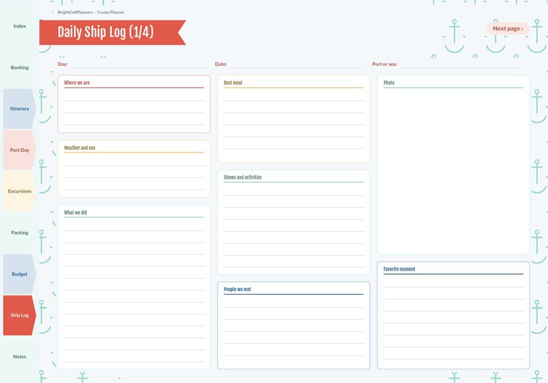 May include: A Daily Ship Log cruise planner page featuring a red header, a light blue background with a repeating anchor pattern, and sections for day, date, port, weather, activities, meals, photos, and notes with labeled lines.