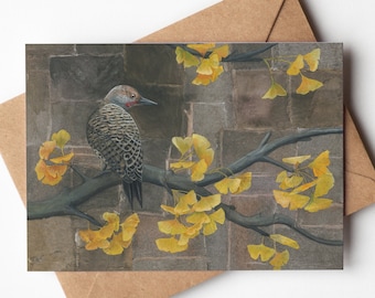 Northern Flicker With Ginkgo 5x7 Greeting Card | Blank On Inside | Card for Him or Her | Birder Gift | Tea Bag Art | Ginkgo Greeting Card