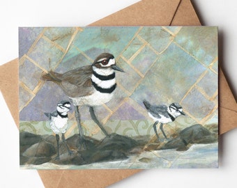 Killdeer Family 5x7 Greeting Card | Blank On Inside | Card for Guy or Man | Birder Gift | Tea Bag Art | Bird Greeting Card |  Bird Art Gift