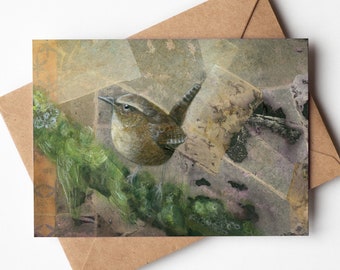 Pacific Wren 5x7 Greeting Card | Blank On Inside | Card for Him or Her | Birder Gift | Upcycled Tea Bag Art | Bird Greeting Card |  Bird Art