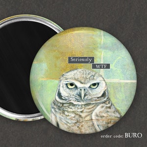 May include: A round magnet with a green, yellow, and white background featuring a close-up of an owl with the text "Seriously WTF" on it.