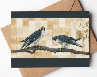 Peregrine Falcons 5x7 Greeting Card | Blank On Inside | Card for Guy or Man | Birder Gift | Upcycled Tea Bag Art | Falcon Art Greeting Card