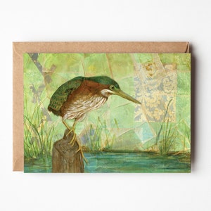 Green Heron 5x7 Greeting Card Blank On Inside Card for Him or Her Birder Gift Tea Bag Art Bird Greeting Card Crane Bird Art Gift image 1