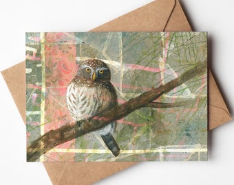 Northern Pygmy Owl 5x7 Greeting Card | Blank On Inside | Owl Card | Birder Gift | Upcycled Tea Bag Art | Bird Greeting Card |  Bird Art Gift