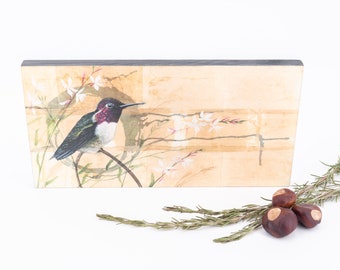 Anna's Hummingbird Wood Panel Giclée Print | Tea Bag Art Print | Wooden Wall Art | Tea Bag Art Print | Framed Bird Art | Kitchen Décor |