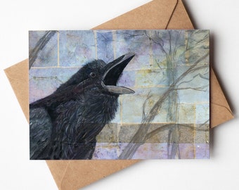 Raven Calling 5x7 Greeting Card | Blank On Inside | Card for Him or Her | Birder Gift | Upcycled Tea Bag Art | Corvid Greeting Card | PNW