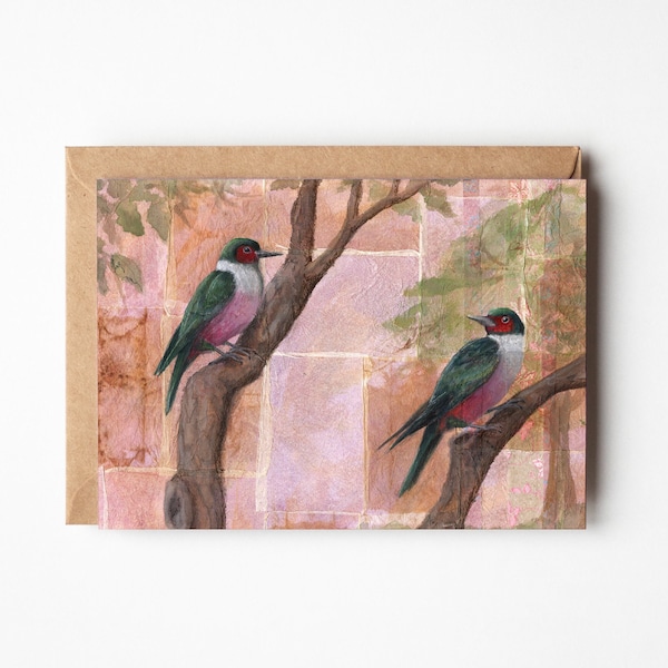 Lewis's Woodpeckers 5x7 Greeting Card | Blank On Inside | Birder Card | Birder Gift | Tea Bag Art | Bird Greeting Card |  Bird Art Gift