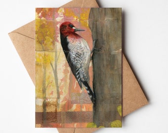 Red-breasted Sapsucker 5x7 Greeting Card | Blank On Inside | Birder Card | Birder Gift | Upcycled Tea Bag Art | PNW Bird Greeting Card Gift