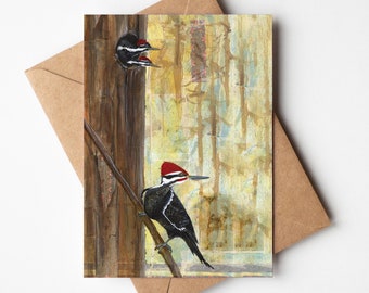 Pileated Woodpeckers 5x7 Greeting Card | Blank On Inside | Birder Card | Birder Gift | Upcycled Tea Bag Art | Bird Greeting Card |  Bird Art