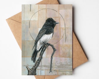 Black Phoebe 5x7 Greeting Card | Blank On Inside | Card for Him or Her | Birder Gift | Tea Bag Art | Bird Greeting Card |  Bird Art Gift