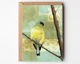 Lesser Goldfinch 5x7 Greeting Card | Blank On Inside | Sunflower Finch | Birder Gift | Tea Bag Art | Bird Greeting Card |  Garden Art Gift