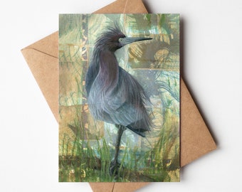 Little Blue Heron 5x7 Greeting Card | Blank On Inside | Card for Him or Her | Birder Gift | Tea Bag Art | Bird Greeting Card |  Birder Art