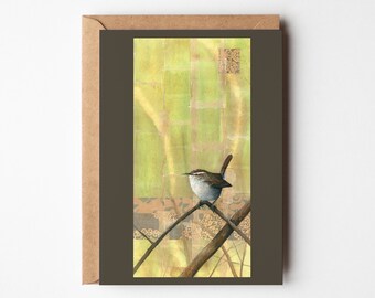 May include: A greeting card with a brown envelope features a watercolor painting of a small brown and white bird perched on a branch. The background is a soft green and yellow with a textured, abstract design.