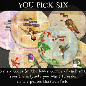 May include: Six round magnets with colorful hummingbird illustrations and text. The text on the magnets includes phrases like "It's fine, Everything is fine", "Day is my jam", and "Well $h!+".