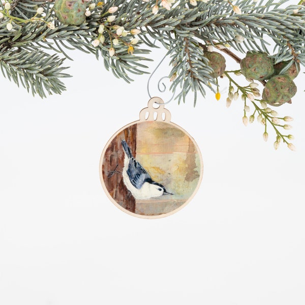 White Breasted Nuthatch Ornament | Christmas Ornament | Bird Ornament | Wooden Ornament | Bird Art | Bird Painting | Gift for Her | Birder