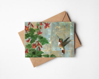 Rufous Hummingbird with Columbines 5x7 Greeting Card | Blank On Inside | Card for Her Him | Birder Gift | Tea Bag Art | Bird Greeting Card